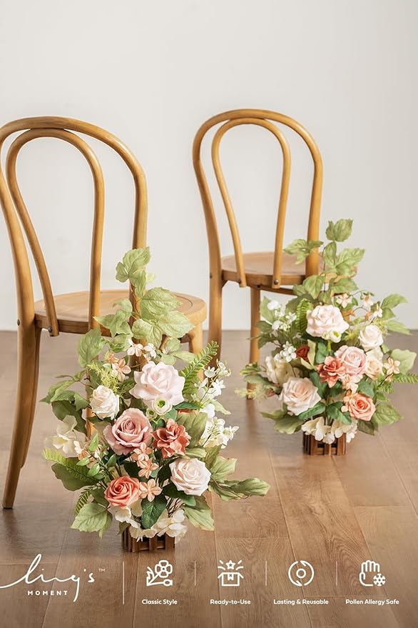Ling's Moment 17.5" Tall Standing Artificial Flowers Arrangements 4pcs Fall Wedding Aisle Runner Chair Decorations Blush & Pink Centerpieces for Ceremony Reception Rose Floral Party Outdoor
