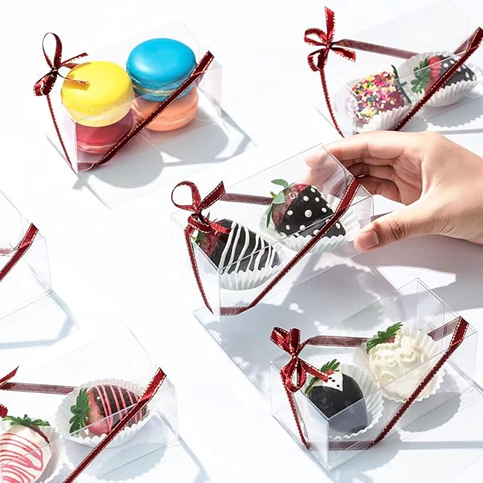 RomanticBaking 50Pack 4 1/2" x 2 1/4"x 2" Clear Chocolate Covered Strawberries Boxes for 2 Macaron Boxes for 4 Bakery Boxes Small Treat Boxes for Wedding Birthday Party