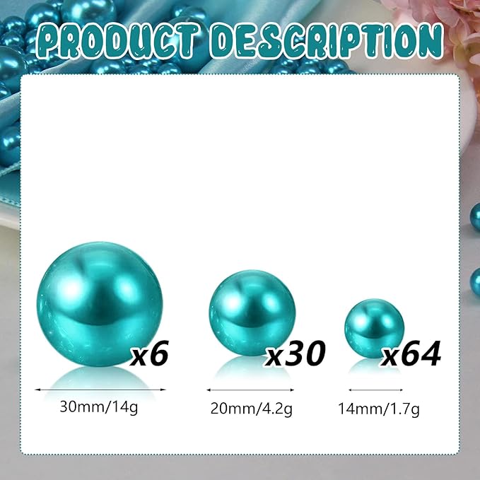 100PCS Lake Blue Faux Pearls Beads for Centerpiece Vases, Vase Filler Faux Pearls, No Holes Filler Beads for Party Anniversary Birthday Wedding Table Decor, 14/20/30mm