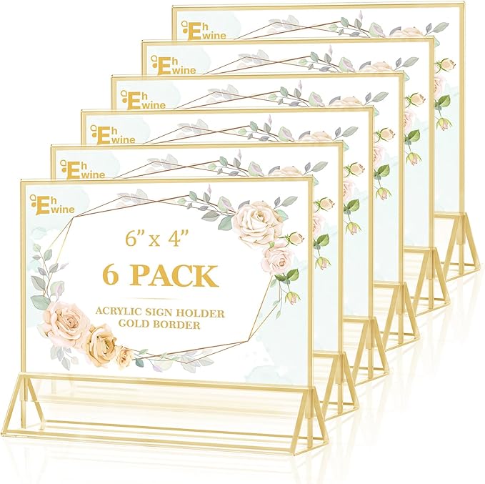EHWINE 6 Pack Acrylic Sign Holder 4 x 6 Horizontal, Double-Sided Stand up Table Top Sign Holders, Gold Acrylic Picture Frame Menu Flyer Paper Holder Display Stand for Office Business Store Wedding Party