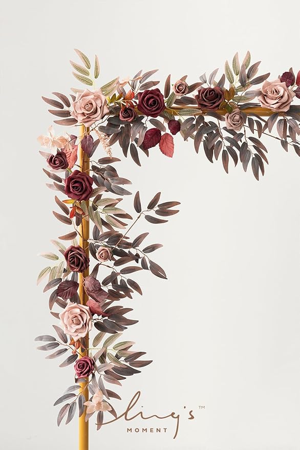 Ling's moment 5FT Burgundy Artificial Flower Garland Maroon Rose Floral Garland Arch Flowers Vine for Wedding Party Backdrop Decor Home Mantel Table Centerpieces Decorations Dusty Rose