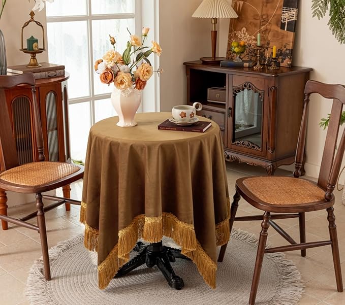 F-CHU Luxury Camel Tablecloth Thickset Velvet Tablecloth with Beautiful Gold Tassels Vintage Table Cloth for Home Decor Wedding, Party, Banquet and Events 60x60-Inch