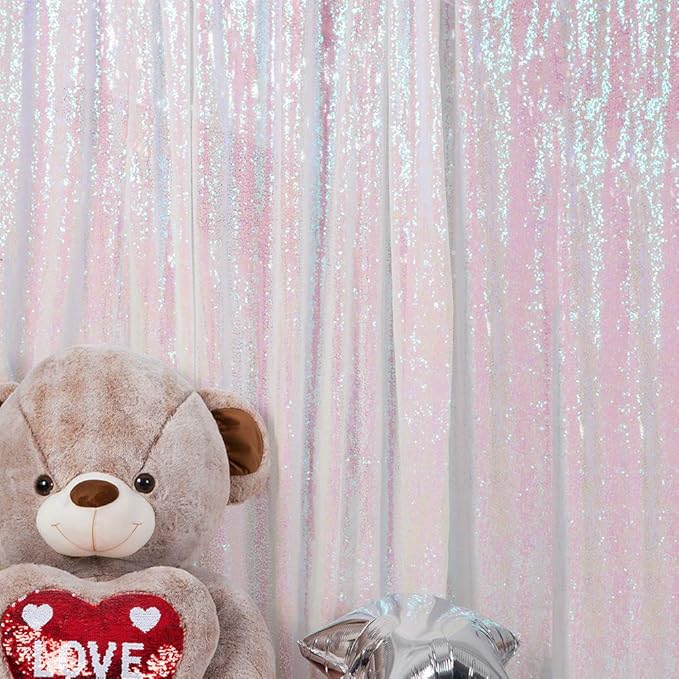 JYFLZQ White Iridescent Sequin Backdrop Curtains 7ft x 7ft 1 Panel Glitter Photo Booth Backdrops Sparkly Photography Background Drapes for Parties Wedding Bridal Showers