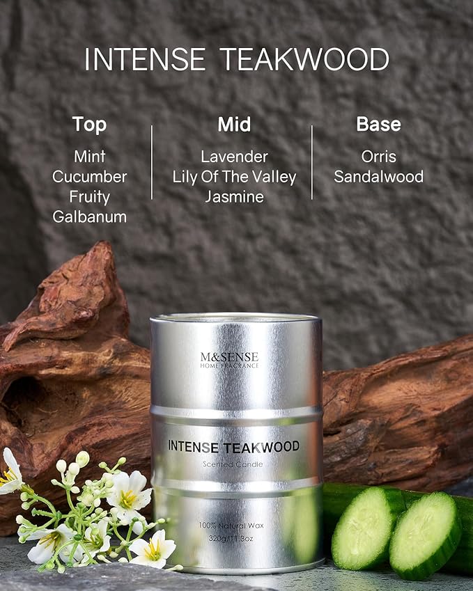 M&SENSE Scented Candle, Teakwood Medium Jar Candle Gifts for Men, 70 Hours Slow Burning Natural Soy Candles 11.3oz, Stress Relief Aromatherapy Candles Home Decor, Valentines Day Gifts for Him