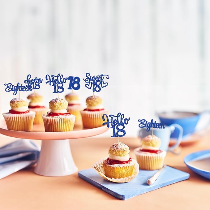 30Pcs18th Birthday Cupcake Toppers Eighteen Happy 18th Cupcake Picks Sweet 18 Cheers to 18 Cake Decorations for 18th Birthday Anniversary Party Supplies Deep Blue Glitter