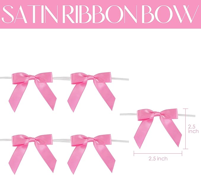 AIMUDI Hot Pink Bows 2.5" Pink Ribbon Valentine's Day Twist Tie Bow Pre Tied Bows Premade Bows for Crafts Treat Bags Cake Pop Party Decorations Candy Apple Box Wedding - 50 Counts