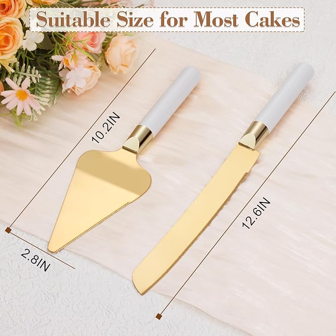 Gold Cake Cutting Set for Wedding, Wood Cake Knife & Server Set, Vintage 2-Piece Pie Cutter Serving Set, Serrated Pizza Utensils, Anniversary Birthday Bridal Gift (White)