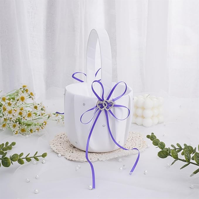 QIRMIZI Wedding Ring Pillow and Flower Girl Basket Set – Adorned with Pearl Rhinestones, White Satin,Purple