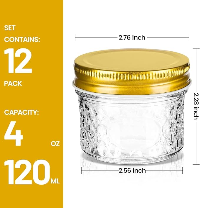 asika Mini Mason Jars, 4 oz Mason Jars With Lids,12 PACK Small Glass Jars Ideal for Food Storage, Jam, Spice,Candle,Honey,Wedding Favors