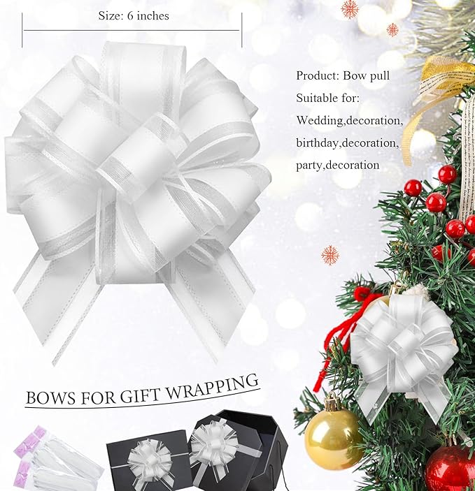 6 Pieces Large Pull Bows,6 inches,Bow for Gift Wrapping,Pull Bows for Christmas Party Birthday Gift Wedding Baskets,Valentine's Day Gift Decorations, Flower Decorations (White), BE-03