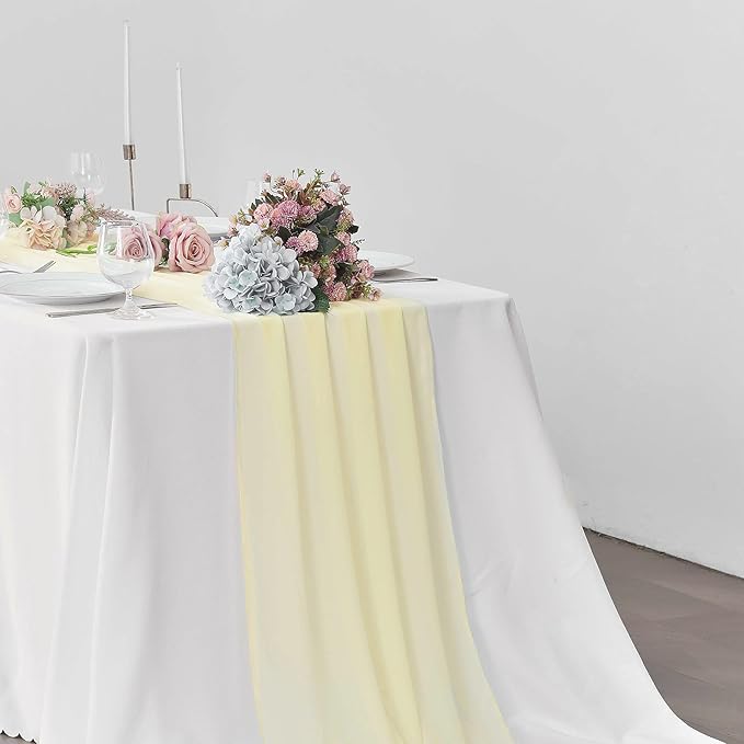 2 Pack 10Ft Light Yellow Chiffon Table Runner Sheer 29x120 Inch for Romantic Wedding Decor Bridal & Baby Shower Birthday Rustic Party Decoration