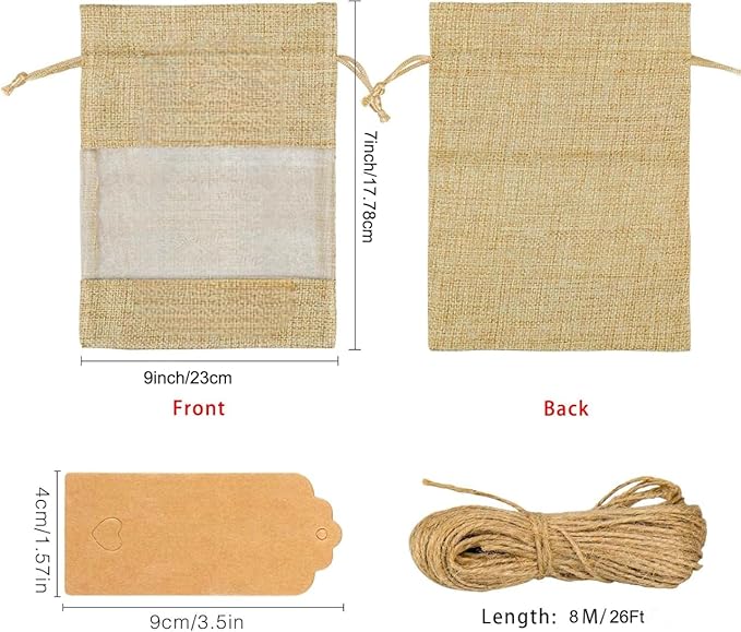 GIOIPC 20Pcs 6 x 9 Inch Linen Burlap Sheer Bags with Drawstring and Bonus Gift Tags for Wedding Birthday Bag,Craft Bags,Cosmetic Samples