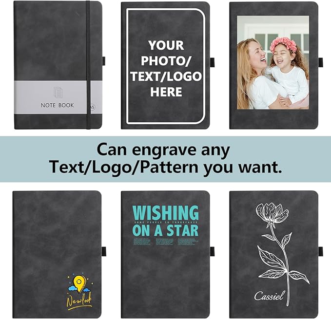 Personalized Notebook Custom Journal Notebook PU Leather A5 Can Customized with Logo/Text/Image- 192 Lined Pages 8.3 x 5.9 Inch, Pen Loop, Elastic Band, Black Hardcover