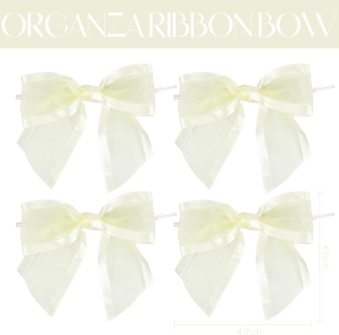 AIMUDI Ivory Bows for Weddings 4" Organza Bows Premade Twist Ties Bows for Gift Wrapping Crafts Treat Bags Baskets Cake Pop Baby Shower Birthday Decor - 12 Counts