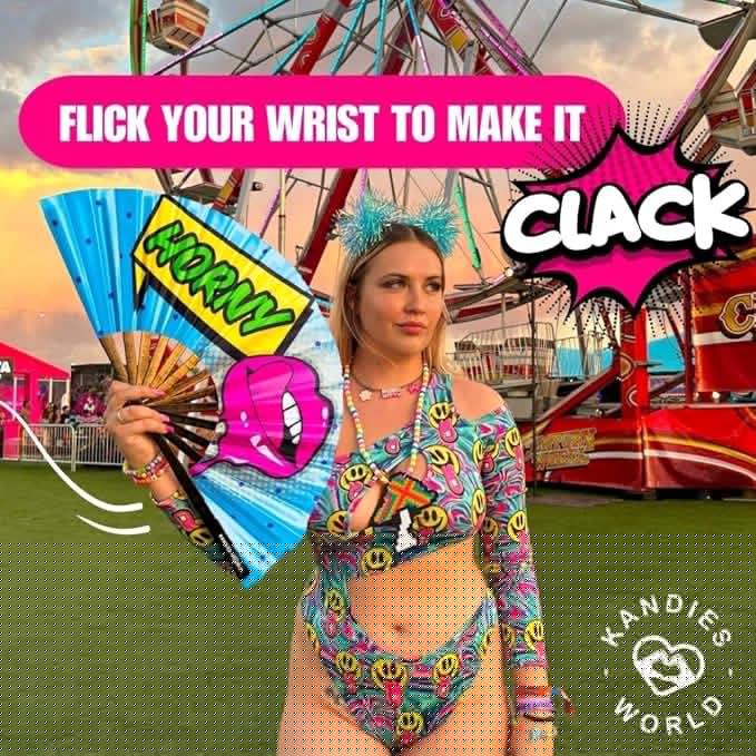 Kandies World Custom Festival Folding Hand Fan - Unique Designs, Made of Bamboo, Clacking Sound, Lightweight - Perfect Rave and Festival Accessory!