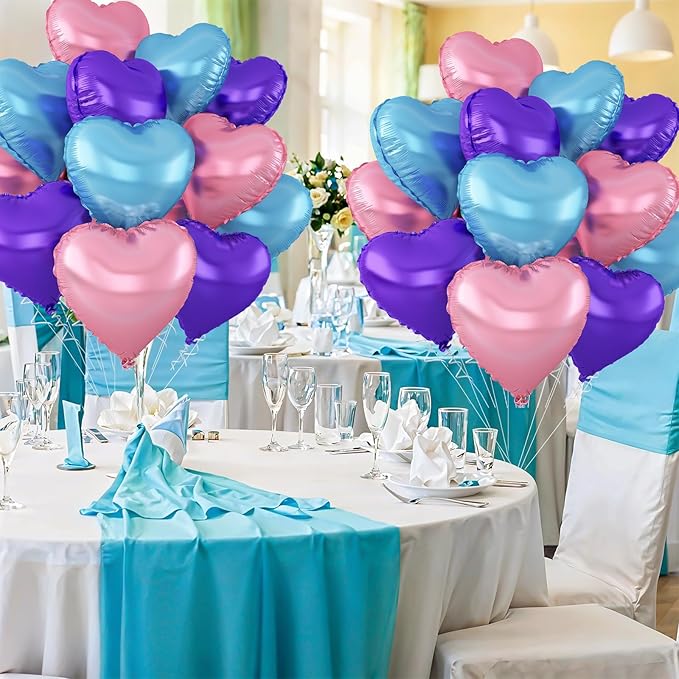 Blue Pink Purple Heart Balloons,12Pcs 18Inch Blue Purple Pink Heart Shaped Foil Helium Polyester Film Balloons for Baby Shower Birthday Anniversary Wedding Engagement Party Decorations