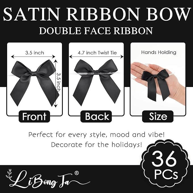 3.5" Black Bow Satin Pre-Tied Bows for Gift Wrapping, Small Bows for Crafts, Premade Bows, Candy Apple Bows, Twist Tie Bows for Cake Decorating, Party Favor, Wedding Decoration-36 Counts