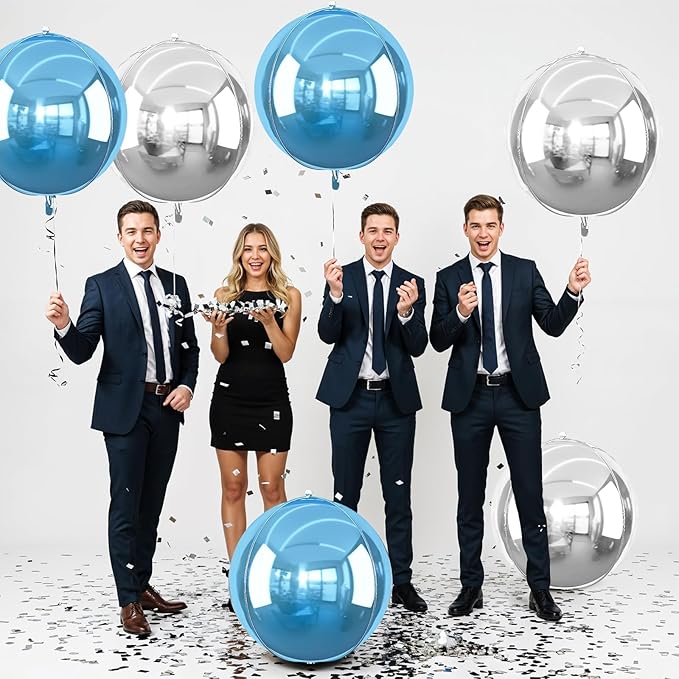 6Pcs Blue Silver Round Foil Balloons, 22inch 4D Metallic Silver Blue Balloons, Large Round Foil Ball Balloon for Boys Men Birthday Graduation Wedding Anniversary Party Backdrop Decoration