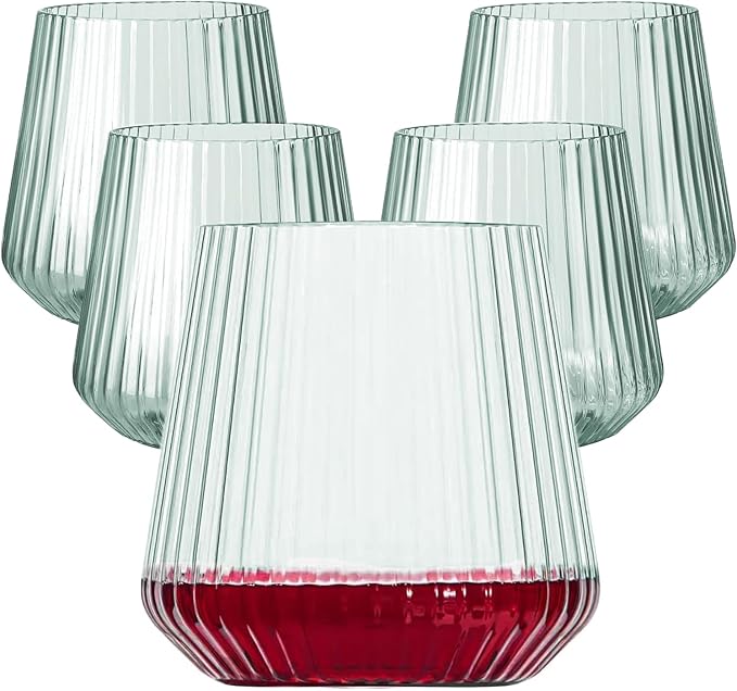 40 Pack Plastic Ribbed Wine Glasses, 14Oz Origami Disposable Wine Glasses Unbreakable Clear Plastic Cocktail Glasses Recyclable Shatterproof Reusable Wine Cups (14oz-green-40pack)