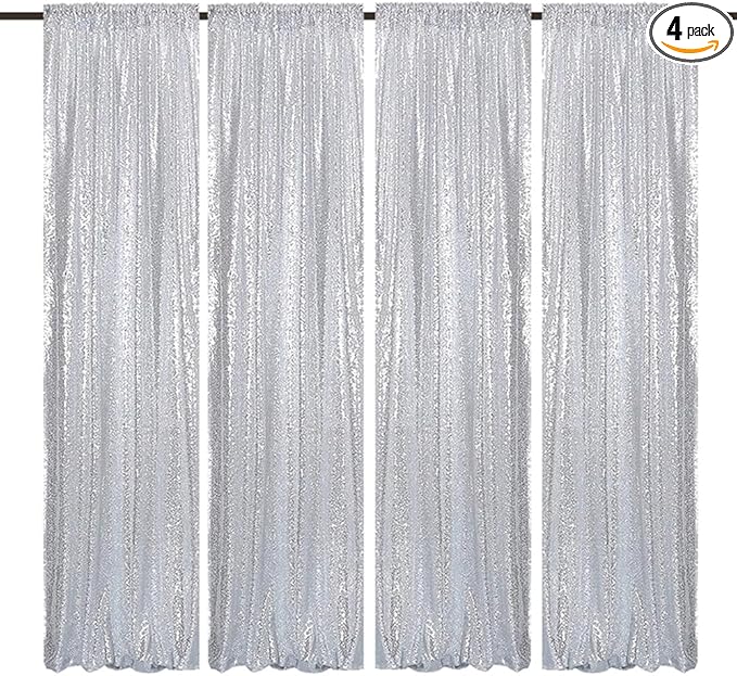Silver Sequin Backdrop 2FTx8FT 4 Panels Silver Backdrop Curtains for Parties Glitter Backdrop Photo Background for Wedding Baby Shower