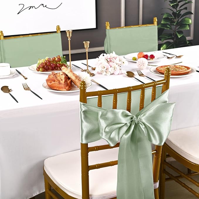 fani 60 PCS Sage Green Satin Chair Sashes Bows Universal Chair Cover for Wedding Reception Restaurant Event Decoration Banquet,Party,Hotel Event Decorations (7 x 108 inch)