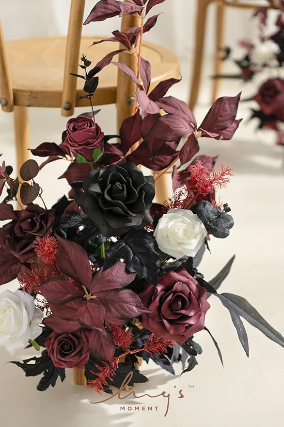 Ling's Moment 17.5" Tall Free Standing Artificial Flowers Arrangements 4 pcs Wedding Aisle Runner Chair Decorations Black Burgundy for Ceremony Reception Rose Floral Party Outdoor Centerpieces