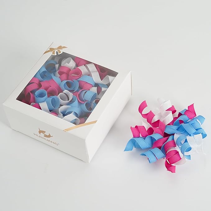 HUIHUANG Baby Shower Bows for Gift Wrapping, Blue/Pink/White Curly Ribbon Bows Self Adhesive Burst Gift Bow for Gender Reveal Party, Baby Shower Favors, Wine Bottle, Treat Bags - 6 Counts
