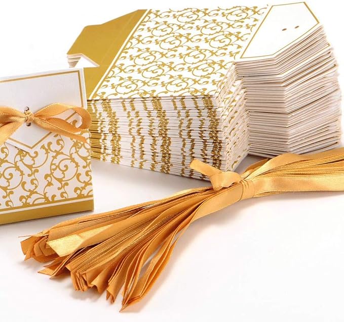 KUPOO 50PCS Candy Boxes,Gold Ribbon Wedding Favor Boxes Candy Bag Cake Box for Wedding Party Decoration Easter (gold)
