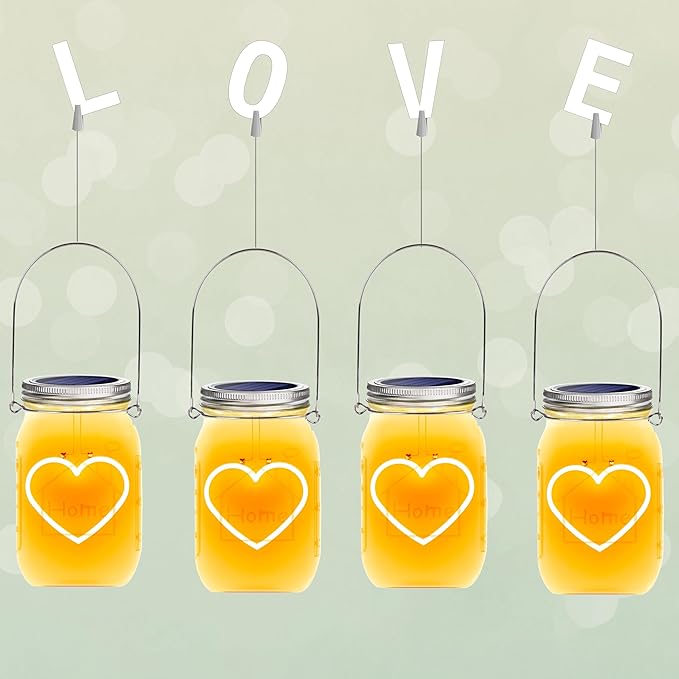 Hanging Solar Mason Jar Lights, 4 Pack Heart Shape Led Lights, Solar Lanterns Outdoor Waterproof Lights, Hangers and Jars Included, Gift for Mothers Day,Home Party Wedding Lover Garden Patio Decor (4)
