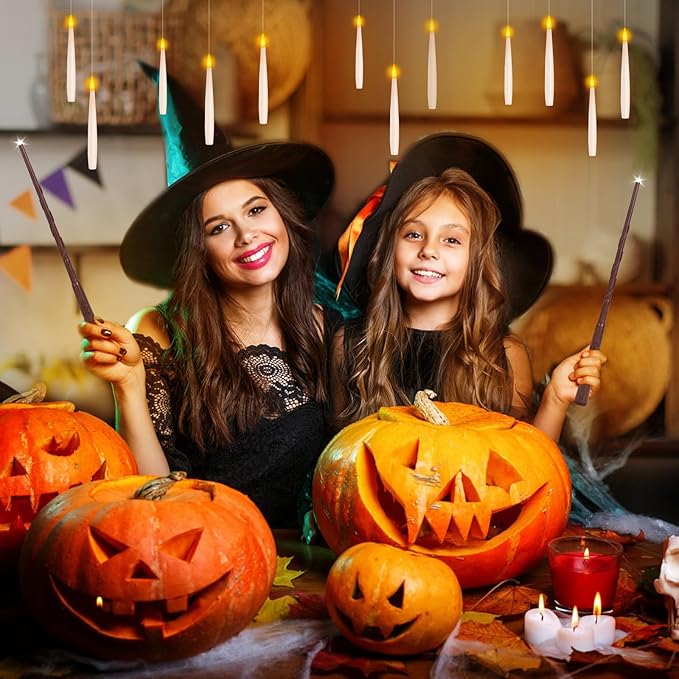 NURADA Floating Candles with Wand Remote Timer - Magic LED Hanging Flameless Taper Candles Flickering Battery Operated for Birthday Theme Party Halloween Home Window Decor - White 12 Pack