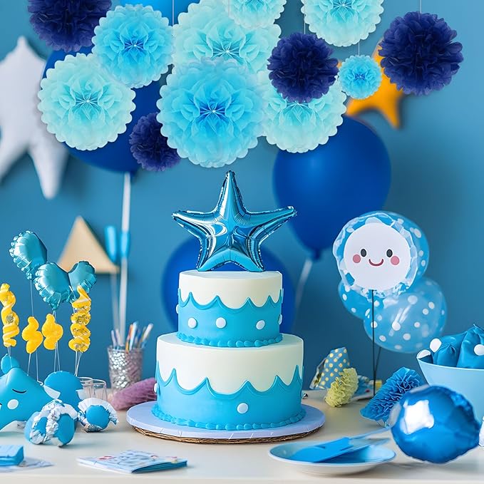 Tissue Paper Pom Poms, Blue Tissue Paper Flowers, Hanging Flower Balls for Weddings Fiesta Parties Birthday Baby Showers Classroom Bridal Shower Decoration (18Piece Set-6/10/12/14Inch)
