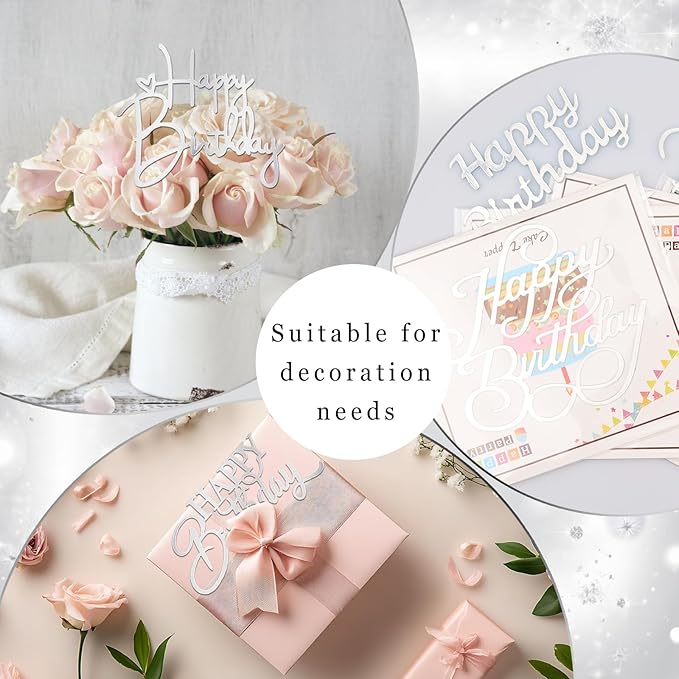 10 PCS Silver Happy Birthday Cake Topper Mirror Acrylic Cake Toppers Double-Sided Glitter Birthday Decorations for Girls Women's Party Supplies