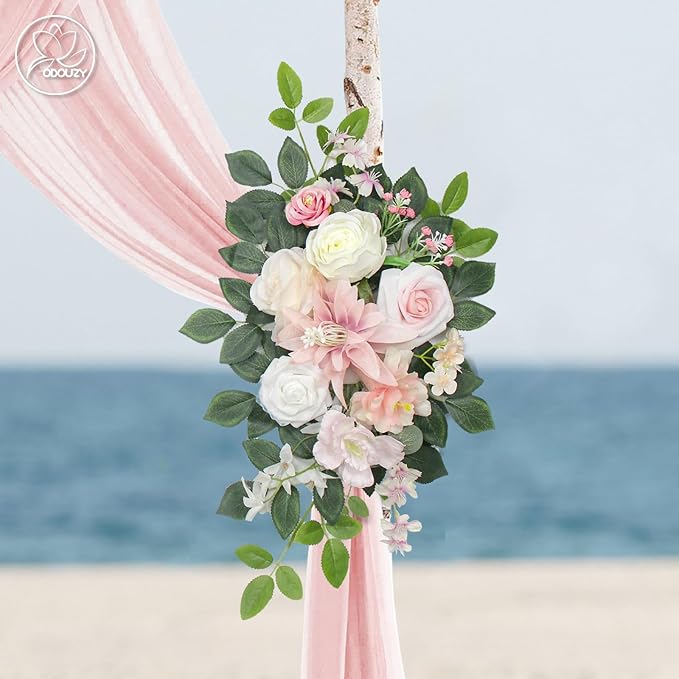 Wedding Arch Flowers Kit,Artificial Flower Arch Decor (Set of 3),2pcs Artificial Flower Arrangement with 1pc Sheer Drape for Wedding Decor Reception Backdrop Floral Decorations (Light Pink)