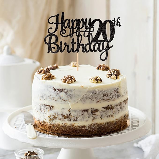 1 PCS Happy 20th Birthday Cake Topper Glitter Cheers to 20 Years Birthday Cake Pick Twenty 20 Fabulous Cake Decoration for Happy 20th Birthday Theme Party Decorations Supplies Black