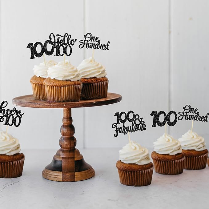 30pcs Happy 100th Birthday Cupcake Toppers - Black Glitter One Hundred Cheers to 100 Years Old Cupcake Picks for Anniversary Party Cake Decorations