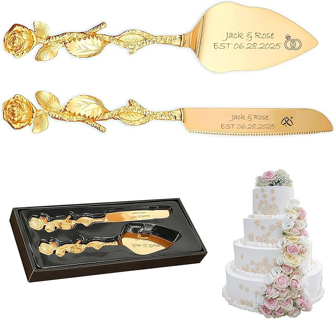 Personalized Wedding Cake Knife and Server Set, Custom Name/Date Cake Cutting Set for Wedding, Customized Cake Cutter for Bridal Anniversary Birthday Couple Gifts (Rose-Gold)