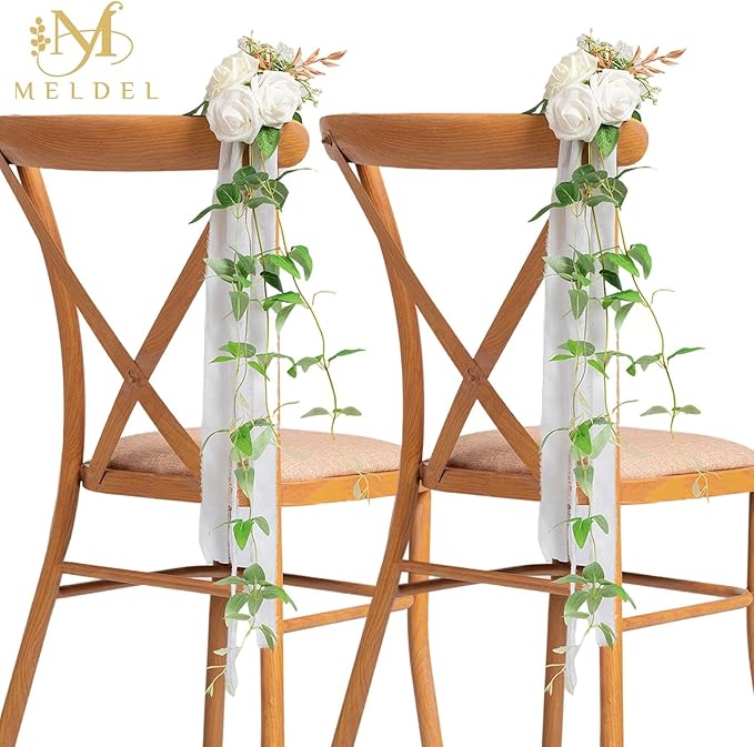 Meldel Wedding Chair Decorations Aisle Floral Set of 10 Artificial Flowers Ivory White Rose Garland with Hanging Ribbions for Ceremony Reception Church Arrangement Party Wedding Pew Decor Flower
