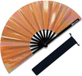 Large Rave Fan, Clack Folding Hand Fan with Premium Fabric, Thick Bamboo Frame for Men Women Gift for EDM, Festival, Club, Party, Dance, Decoration (Lridescent Orange, 13")