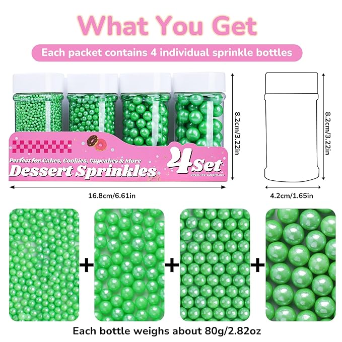 Green Pearl Sprinkles for Cake Decorating, 11.3 Oz Edible Pearls Sugar 4 Sizes Gift Box Set for Baking Cookie Ice Cream Cupcake Toppings