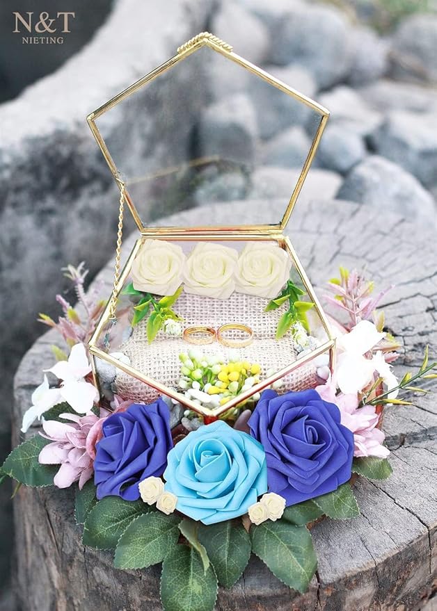 N&T NIETING Blue Roses Artificial Flowers, 50pcs Fake Flowers Rose Perfect for DIY Wedding Bridesmaid Bridal Bouquets Centerpieces Home Flower Arrangement Decoration, Series Blue