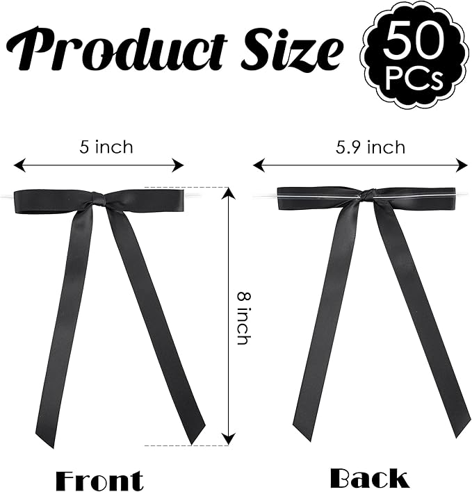 50 PCs Black Bow 5 Inch Long Tail Bows for Gift Wrapping, Easter Bow Party Decorations, Twist Tie Bows, Satin Bows for Crafts, Premade Bows for Presents, Treat Bags, Bottles, Cakes