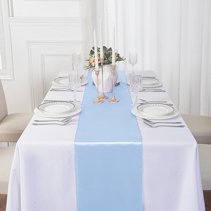 24Pack Table Runner 12 x 108 Inches Satin Silk Table Runner for Wedding, Birthday Party, Banquets, Graduations Decoration, fit Rectange and Round Table-Blue Mist