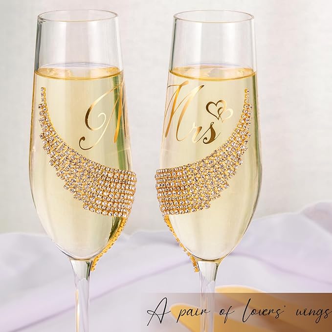 Wedding Cake Knife and Server Set, Gold Mr and Mrs Champagne Flutes and Cake Cutting Set for Wedding Bridal Shower Gifts (Gold)