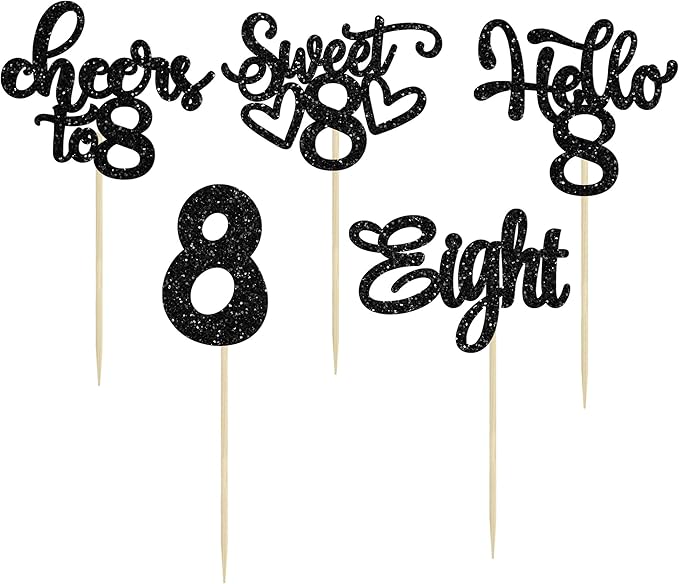30Pcs 8th Birthday Cupcake Toppers Glitter Eight Hello 8 Cupcake Picks Cheers to 8 Years Old Cake Decorations for 8th Birthday Party Supplies Black