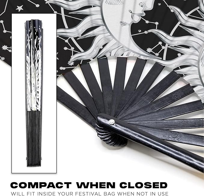GloFX Rave Sun & Moon - Large Folding Fan - Music Festival Essential, EDM Rave Accessories, Folding Hand Fan, Clack Fan