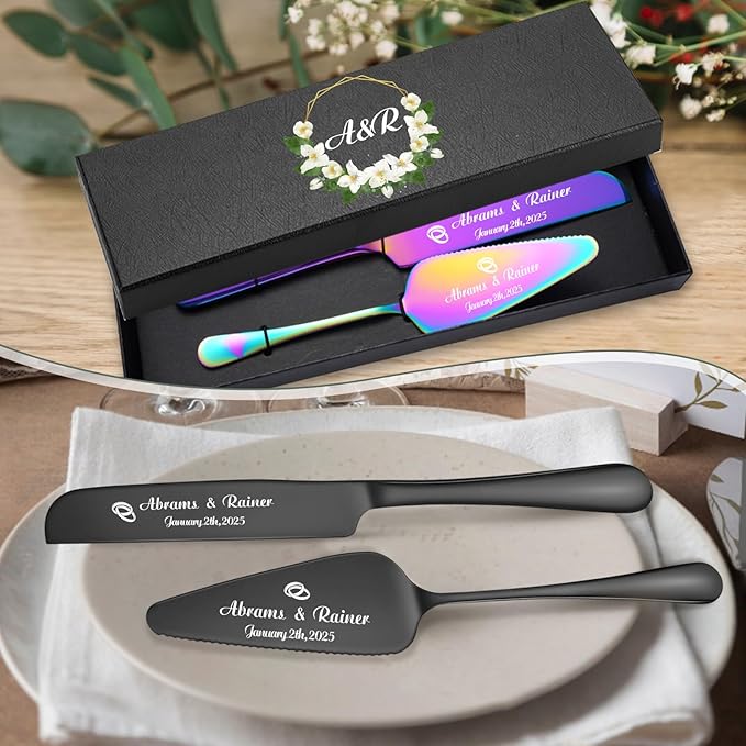 Personalized Wedding Cake Knife and Server Set - Custom Name Engraved Cutting Set with Elegant Gift Box, Ideal for Bridal Wedding Anniversary Birthday Gifts (Regular handle)