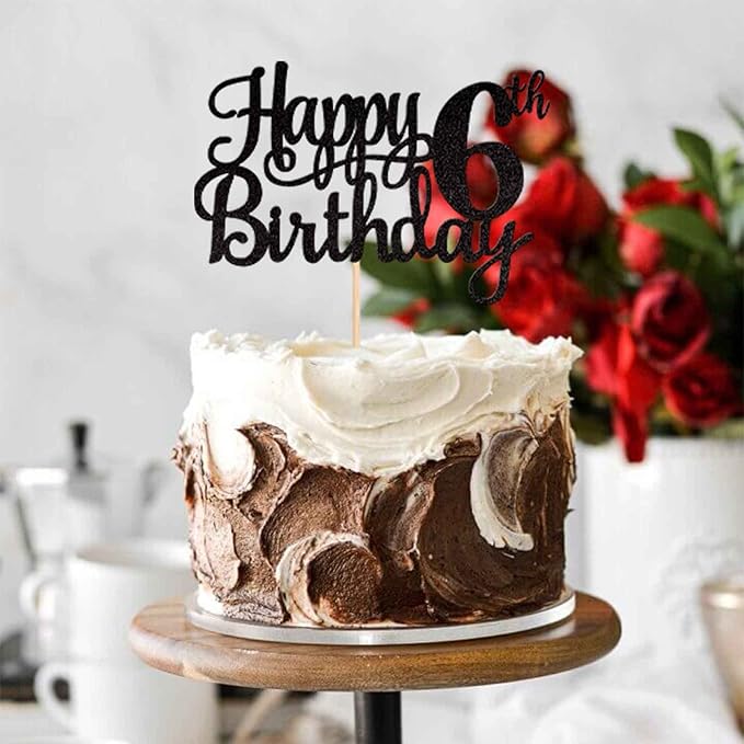1 PCS Happy 6th Birthday Cake Topper Glitter Cheers to 6 Years Cake Pick Number 6 Fabulous Cake Decoration for 6th Birthday Theme Party Decorations Supplies Black