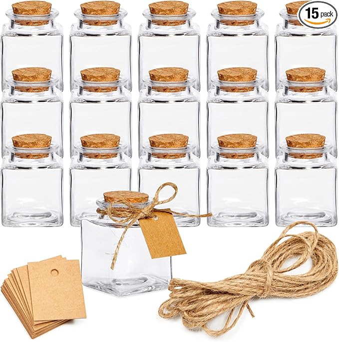 BLUE PANDA 15 Pack Small Glass Bottles with Cork Stoppers - Mini Jars with Cork Lids, Twine, and Blank Tags for Crafting & Spices - Small Bottles 1.7 Oz (50ml)