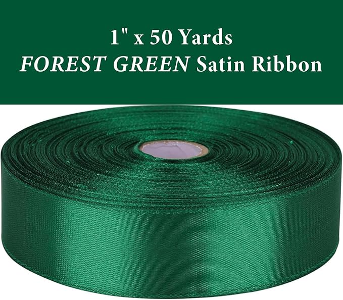 1" x 50 Yards Forest Green Satin Ribbon Single Faced Fabric Ribbons for Gift Wrapping, Crafting, Bows Making, Flower Bouquet, Wedding, Home Decor