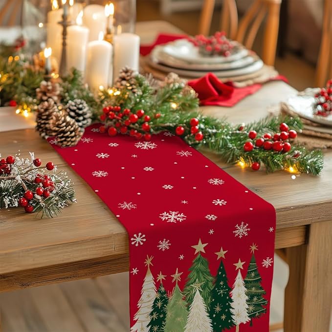 GEEORY Christmas Table Runner 13x90 Inch, Xmas Trees Snowflakes Holiday Decorative Farmhouse Table Decoration for Kitchen Dinning, Indoor Outdoor Dinner Party Decor (Red) GT150-90